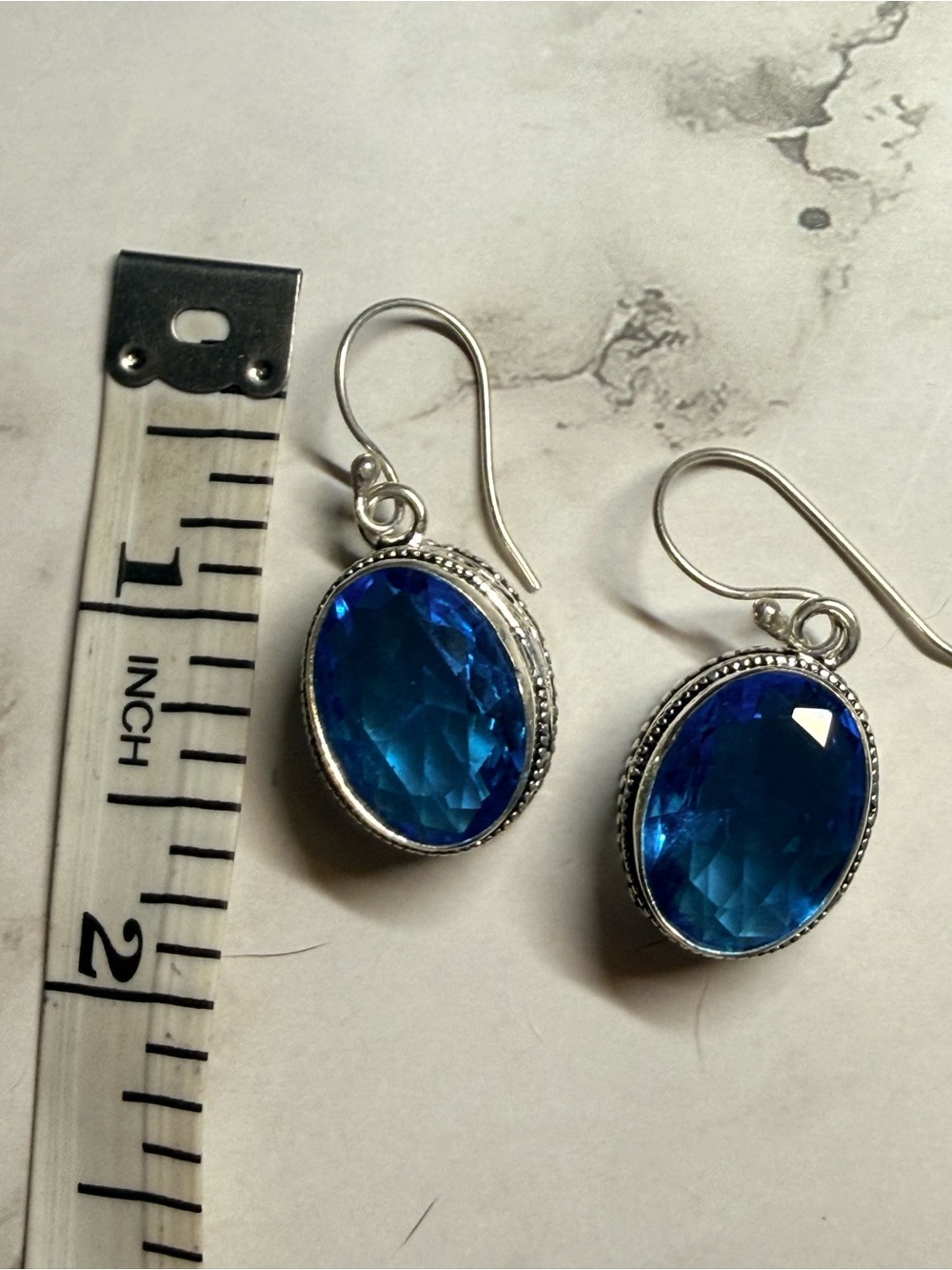 Blue topaz Oval Crystal Drop Earrings - Sterling